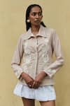 Buy_Shimona_Beige Linen Embroidery Collared Shirt _at_Aza_Fashions