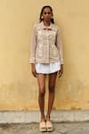 Shimona_Beige Linen Embroidery Collared Shirt _at_Aza_Fashions