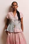 Buy_Shimona_Pink Cotton Satin V-neck Ocean Mist Tie Up Top _Online_at_Aza_Fashions