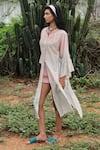 Shimona_Pink Silk, Chanderi Round Neck Ocean Mist Kaftan _at_Aza_Fashions