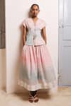 Buy_Shimona_Pink Cotton Satin V-neck Ocean Mist Skirt Set _at_Aza_Fashions