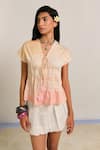 Buy_Shimona_Yellow Cotton Satin Fabric Flowers V-neck Reef Tie Up Top _at_Aza_Fashions