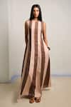 Buy_Shimona_Pink Cotton, Linen Round Neck Striped Sea Salt Dress _at_Aza_Fashions