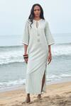 Buy_Shimona_Green Modal, Satin Keyhole Neck Striped Dress _at_Aza_Fashions