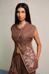 Shop_Shimona_Brown Cotton, Linen Embroidery Round Neck Matching Set _Online_at_Aza_Fashions