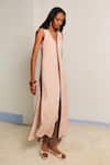 Shimona_Pink Cotton, Linen V-neck And Brown Tunic & Pant Set _Online_at_Aza_Fashions