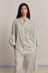 Shop_Shimona_Green Modal, Satin Collared Striped Co-ord Set 