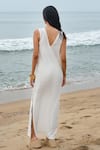 Shop_Shimona_White Cotton V-neck Pearl Slit Dress _at_Aza_Fashions