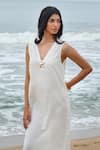 Shimona_White Cotton V-neck Pearl Slit Dress _at_Aza_Fashions