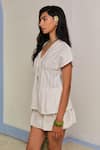 Shimona_White Cotton Satin Split V-neck Classic Tie Up Shirt _at_Aza_Fashions