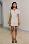 Buy_Shimona_White Cotton Satin Split V-neck Classic Tie Up Shirt _at_Aza_Fashions