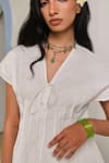 Buy_Shimona_White Cotton Satin Split V-neck Classic Tie Up Shirt 