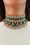 Buy_Prerto_Emerald Green Diamonds Polki Kundan Pearl Drop Set _at_Aza_Fashions
