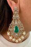 Shop_Prerto_Emerald Green Gemstones, Pearls Kundan Drop Necklace Set _at_Aza_Fashions
