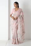 Buy_Chhaya Mehrotra_Pink Chiffon, Chanderi Embroidery V-neck Floral Saree With Stitched Blouse _at_Aza_Fashions