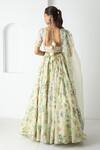Shop_Chhaya Mehrotra_Green Silk Organza, Chanderi Fabric Flowers, Embroidery Round Tea Lehenga Set _at_Aza_Fashions