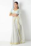 Buy_Chhaya Mehrotra_Aqua Chiffon, Chanderi Tassels, Embroidery Round Neck And Saree Set _at_Aza_Fashions