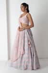 Chhaya Mehrotra_Peach Chanderi, Silk Organza Embroidery Round Neck Pink Lehenga Set _Online_at_Aza_Fashions