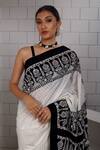Anita Kanwal_Black Modal, Silk And White Designer Saree & Unstitched Blouse Piece Set _Online_at_Aza_Fashions