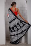 Shop_Anita Kanwal_Red Modal, Silk Square Neck Black And White Printed Saree With Corset _at_Aza_Fashions