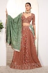 Buy_Anita Kanwal_Rust Georgette Sequins, Embroidery V-neck Orange Lehenga Set _at_Aza_Fashions