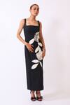 Shop_Baani Khurana_Black Cotton, Linen Embroidery Square Neck Floral Dress _Online_at_Aza_Fashions