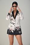 Baani Khurana_Black Satin V-neck Floral Print Designer Blazer Dress _at_Aza_Fashions
