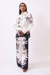 Buy_Baani Khurana_Black Satin, Linen Embroidery Collared Floral Print Designer Shirt And Trouser Set _at_Aza_Fashions