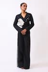 Buy_Baani Khurana_Black Cotton, Linen Fabric Flowers V-neck Designer Jacket And Pant Set _at_Aza_Fashions