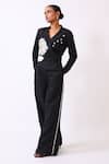 Buy_Baani Khurana_Black Cotton, Linen Fabric Flowers V-neck Designer Jacket And Pant Set _Online_at_Aza_Fashions