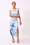 Baani Khurana_Blue Satin, Linen Embroidery Round Neck Top And Skirt Set _Online_at_Aza_Fashions