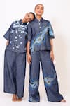 Baani Khurana_Navy Denim Embroidery Collared Blue Shirt And Pant Set _at_Aza_Fashions