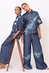Baani Khurana_Navy Denim Embroidery Collared Blue Shirt And Pant Set _Online_at_Aza_Fashions