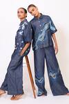 Shop_Baani Khurana_Navy Denim Embroidery Collared Blue Shirt And Pant Set _Online_at_Aza_Fashions
