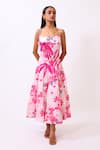 Buy_Baani Khurana_Pink Satin, Linen Embroidery Square Neck Floral Print Designer Dress _at_Aza_Fashions