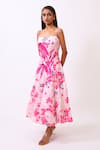 Baani Khurana_Pink Satin, Linen Embroidery Square Neck Floral Print Designer Dress _Online_at_Aza_Fashions