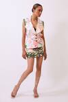 Baani Khurana_Multi Color Cotton, Linen Embroidery V-neck Print Top And Shorts Set _Online_at_Aza_Fashions