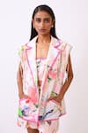 Shop_Baani Khurana_Multi Color Cotton, Linen Embroidery, Lace V-neck Designer Blazer And Shorts Set _Online_at_Aza_Fashions