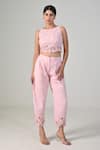 Buy_Baani Khurana_Pink Cotton, Linen Embroidery Round Neck Designer Crop Top And Pant Set _at_Aza_Fashions