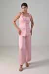 Shop_Baani Khurana_Pink Satin, Linen Ruffles Round Neck Top And Pant Set _at_Aza_Fashions