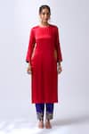 Shop_House Of Pink_Red Modal, Silk, Organza Zari, Embroidery Round Neck Rosy Kurta Set _Online_at_Aza_Fashions