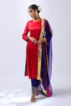 Buy_House Of Pink_Red Modal, Silk, Organza Zari, Embroidery Round Neck Rosy Kurta Set _at_Aza_Fashions