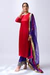 House Of Pink_Red Modal, Silk, Organza Zari, Embroidery Round Neck Rosy Kurta Set _at_Aza_Fashions