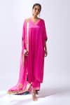 Buy_House Of Pink_Pink Modal, Organza Zari, Embroidery V-neck Rani Kaftan Pant Dupatta Set _at_Aza_Fashions