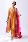 Buy_House Of Pink_Rust Modal, Silk, Organza Zari V-neck Asymmetrical Kurta Set With Dupatta _at_Aza_Fashions