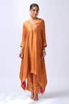 Buy_House Of Pink_Rust Modal, Silk, Organza Zari V-neck Asymmetrical Kurta Set With Dupatta 