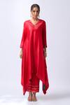 House Of Pink_Red Modal, Silk, Organza Zari V-neck Asymmetrical Kurta Set With Dupatta _Online_at_Aza_Fashions
