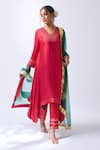 Buy_House Of Pink_Red Modal, Silk, Organza Zari V-neck Asymmetrical Kurta Set With Dupatta _Online_at_Aza_Fashions