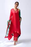 Shop_House Of Pink_Red Modal, Silk, Organza Zari V-neck Asymmetrical Kurta Set With Dupatta _Online_at_Aza_Fashions