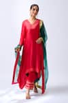 Buy_House Of Pink_Red Modal, Silk, Organza Zari V-neck Asymmetrical Kurta Set With Dupatta _at_Aza_Fashions